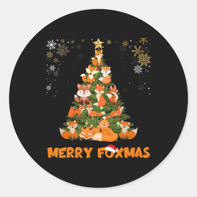 Merry Foxmas Christmas Tree Cute Holiday Fox Lover Classic Round Sticker (Front)