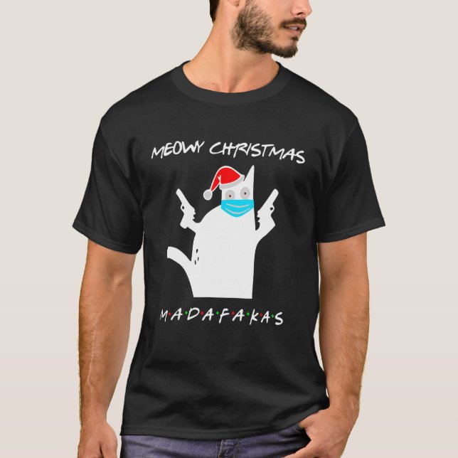 Merry Friendsmas   Cat With Santa Hat And Mask T-Shirt (Front)
