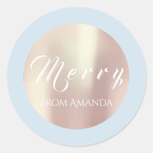 Merry From Name White Rose Gold Holidays Blue Classic Round Sticker