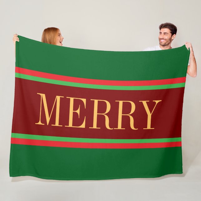 MERRY Fun Bold Festive Green Red Holiday Stripes Fleece Blanket (In Situ)