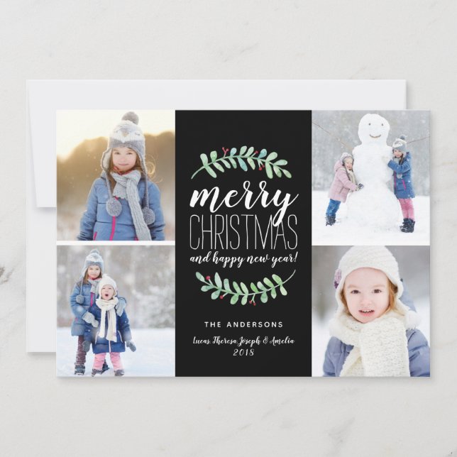 Merry Garland Holiday 4 Photo Collage Card (Front)