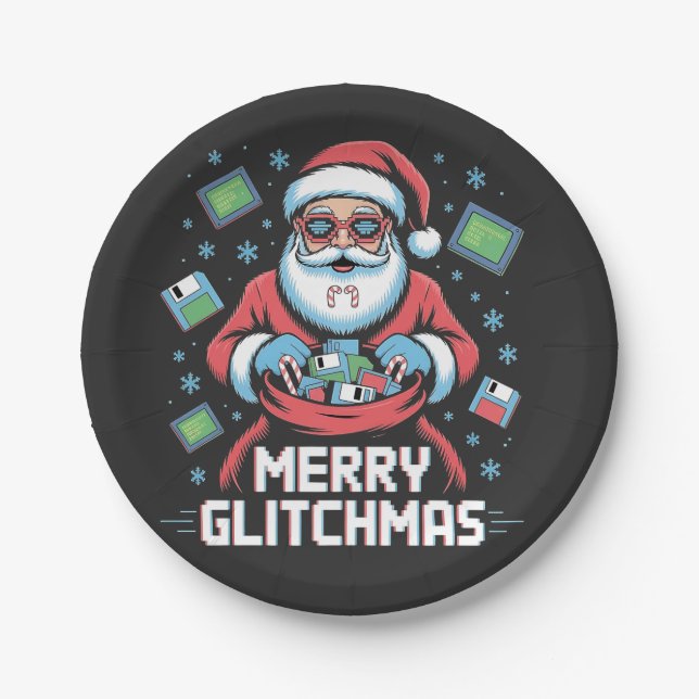  Merry Glitchmas Coding Programmer Santa Christmas Paper Plate (Front)