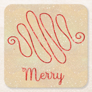 Merry Glitter Red Square Paper Coaster