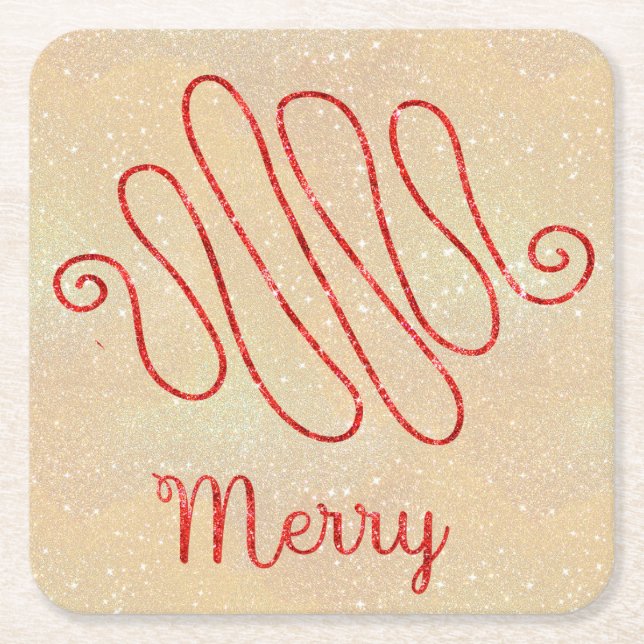 Merry Glitter Red Square Paper Coaster (Front)