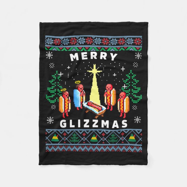 Merry Glizzmas Funny Ugly Christmas Sweater Glizzy Fleece Blanket (Front)