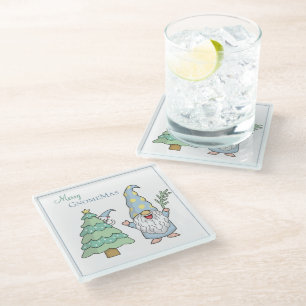 Merry GnomeMas Christmas Tree Gnome Holiday  Glass Coaster