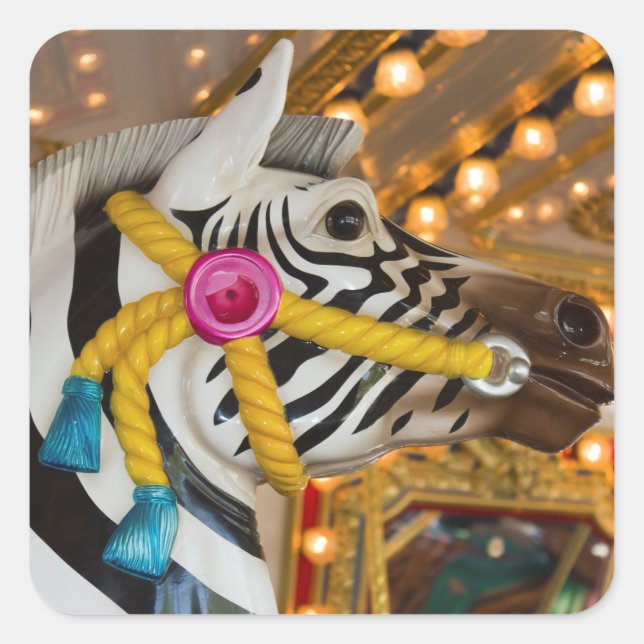 Merry-Go-Round Carousel Ride Zebra Horse Photo Square Sticker (Front)