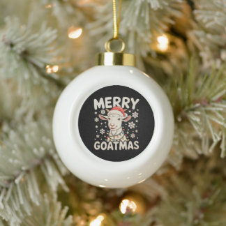 Merry Goatmas Goat Santa Hat Snowflakes Christmas Ceramic Ball Christmas Ornament