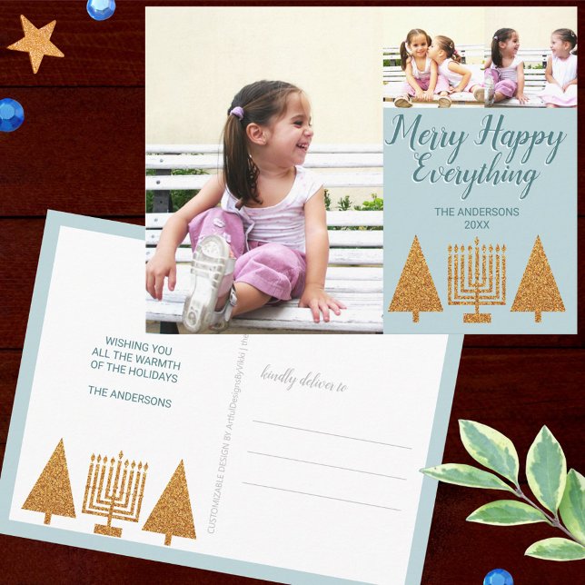 Merry Gold Blue 3 Photo Collage Holiday Postcard (Merry Happy Everything holiday postcards celebrate Hanukkah and Christmas together)