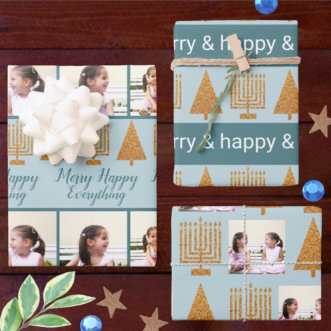 Merry Gold Blue Christmas Hanukkah Photo Wrapping Paper Sheet (Creator Uploaded)