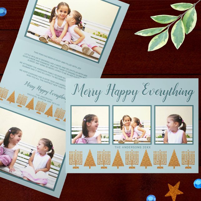 Merry Gold Blue Elegant Interfaith 5 Photo Tri-Fold Holiday Card (Add your photos to this tri-fold holiday card that celebrates Hanukkah and Christmas together)