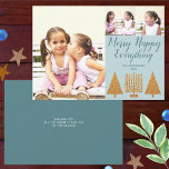 Merry Gold Blue Modern 3 Photo Collage Holiday Card<br><div class="desc">Photo templates make designing your own 3 photo collage holiday cards a snap with this modern hand written script Merry Happy Everything design in gold and pastel blue. Add your favourite large photo on the left then add two smaller pictures on the upper right above MERRY HAPPY EVERYTHING in dark...</div>