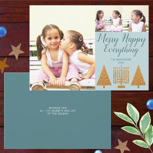 Merry Gold Blue Modern 3 Photo Collage Holiday Card