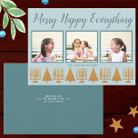 Merry Gold Blue Simple 3 Photo Collage Holiday Card<br><div class="desc">Personalise these 3 photo collage holiday cards in a simple gold and pastel blue Merry Happy Everything interfaith design. A stylised hand written script font in deep blue with a slight drop shadow in white adds interest and the row of five faux gold Menorahs and four Christmas trees makes these...</div>
