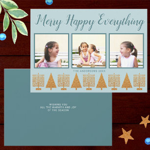Merry Gold Blue Simple 3 Photo Collage Holiday Card