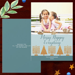Merry Gold Blue Stylish Add Your Photo Holiday Card