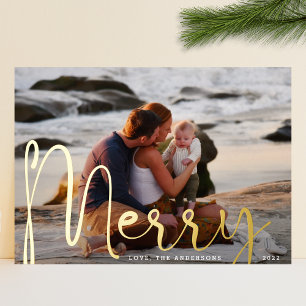 Merry Gold   Christmas Full Bleed Photo Modern Foil Holiday Card