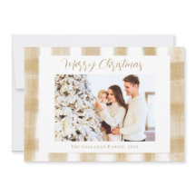 Merry Golden Gingham Plaid Family Christmas Photo