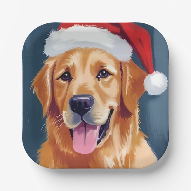 Merry Golden Retriever | Santa Hat Dog Christmas Paper Plate (Front)