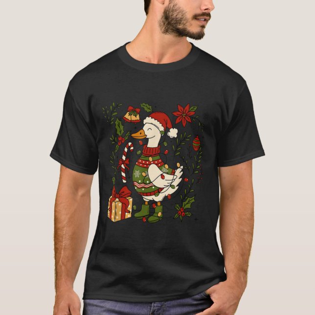 Merry Goosemas Christmas Lights Goose Duck Boho Fl T-Shirt (Front)
