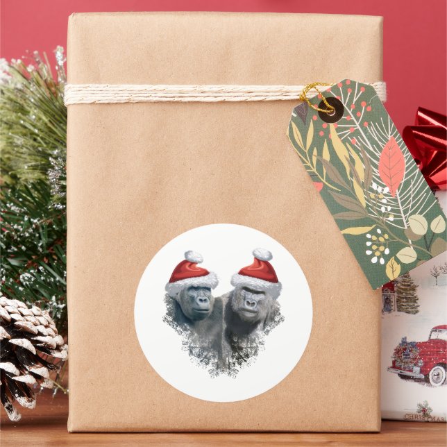 Merry Gorilla Christmas Classic Round Sticker (Holiday)