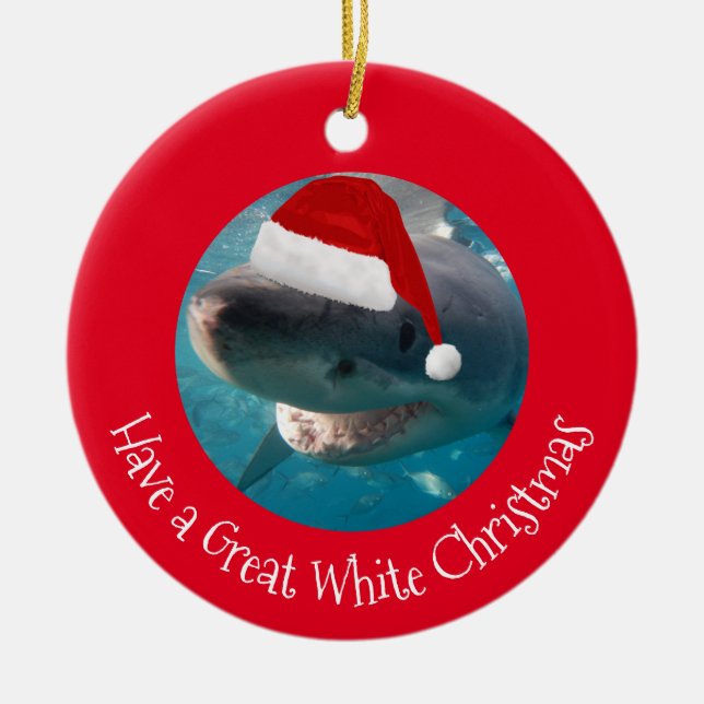Merry Great White Christmas Shark Portrait Photo Ceramic Ornament (Front)