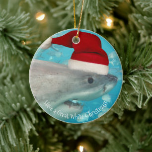 Merry Great White Christmas Shark Santa Hat Funny Ceramic Ornament