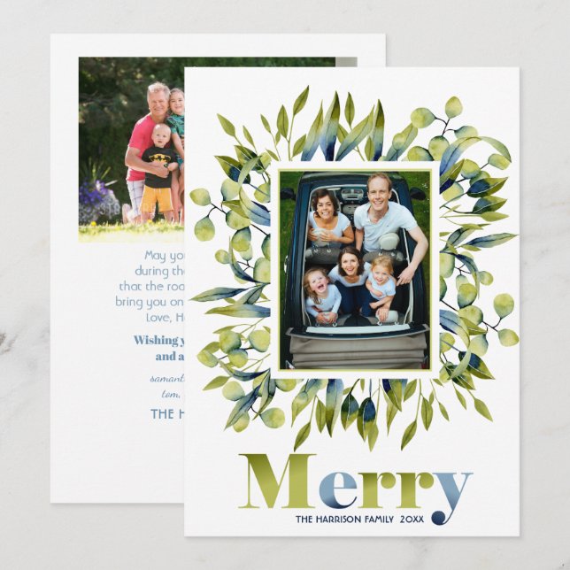Merry Green Blue Foliage Christmas Photo  Holiday Card (Front/Back)