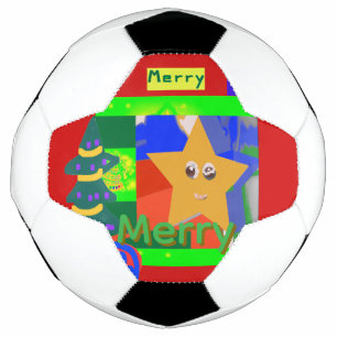 Merry Green Name on Red Christmas Soccer Ball
