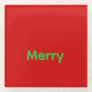 Merry Green Name on Red Glass Coaster