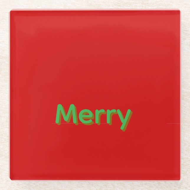 Merry Green Name on Red Glass Coaster (Front)