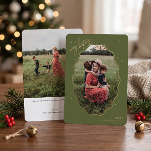 Merry Green Scallop Frame Photo Foil Holiday Card