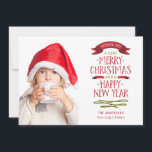 Merry Greetings Red Banner Holiday Photo Card<br><div class="desc">Hand lettered typography with vintage styled banners in red and green sends holiday wishes for a Merry Christmas and a Happy New Year to family and friends this holiday season. See the entire collection of holiday greetings and photo cards at katparrella.com</div>