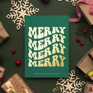 Merry Groovy Wavy Green Typography Christmas Foil Holiday Card