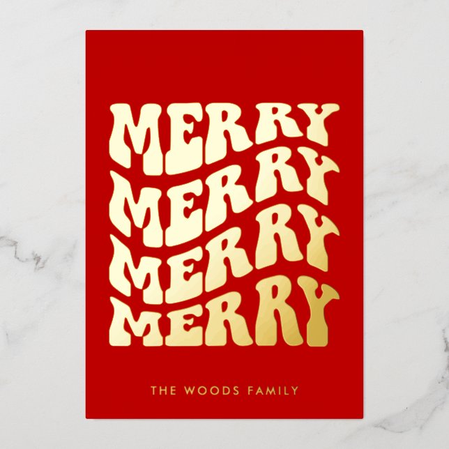 Merry Groovy Wavy Red Typography Christmas Foil Holiday Card (Front)