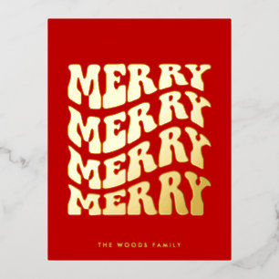 Merry Groovy Wavy Red Typography Christmas Gold Foil Holiday Postcard