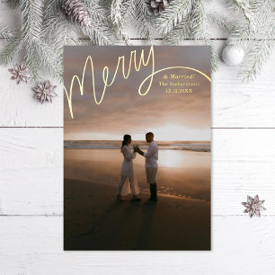 Merry Hand Lettering Wedding Photo Foil Holiday Card