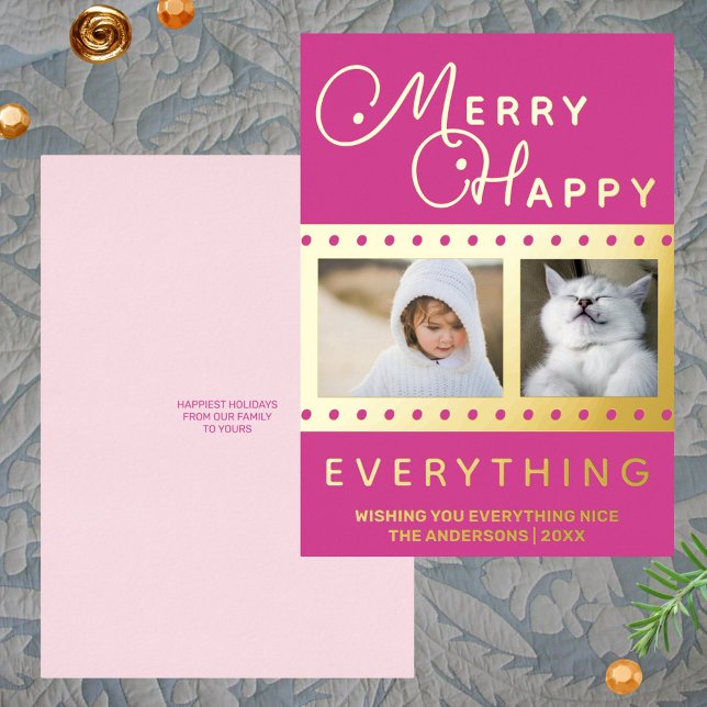 Merry Happy Chic 2 Photo Word Art Pink Gold Foil Holiday Card (Pink Christmas cards with real gold foil printing that work for Hanukkah and Chrismukkah as well)