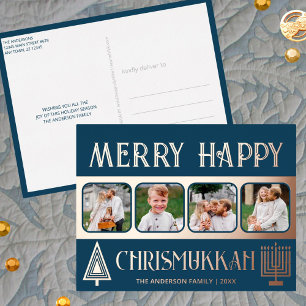 Merry Happy Chrismukkah 4 Photo Blue And Rose Gold Foil Holiday Postcard