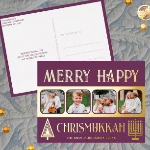 Merry Happy Chrismukkah 4 Photo Plum Purple Gold Foil Holiday Postcard