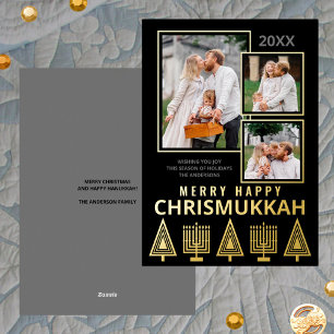 Merry Happy Chrismukkah Chic 3 Photo Gold Foil Holiday Card