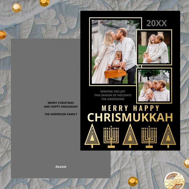 Merry Happy Chrismukkah Chic 3 Photo Gold Foil Holiday Card (Add the luxury of real gold foil printing to your holiday cards)