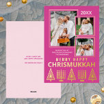 Merry Happy Chrismukkah Chic 3 Photo Pink Gold Foil Holiday Card<br><div class="desc">Personalised photo greeting cards printed with real gold foil add a touch of luxury to your holiday mailings. Easy to customise, just add your three photos where they will appear slightly overlapping with thin gold borders on the solid berry pink background. Edit the year at the top and your name...</div>