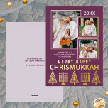 Merry Happy Chrismukkah Chic 3 Photo Purple Gold Foil Holiday Card<br><div class="desc">Personalised photo greeting cards printed with real gold foil add a touch of luxury to your holiday mailings. Easy to customise, just add your three photos where they will appear slightly overlapping with thin gold borders on the solid plum purple background. Edit the year at the top and your name...</div>
