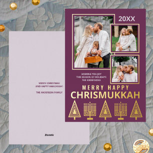 Merry Happy Chrismukkah Chic 3 Photo Purple Gold Foil Holiday Card
