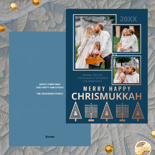 Merry Happy Chrismukkah Chic 3 Photo Rose Gold Foil Holiday Card