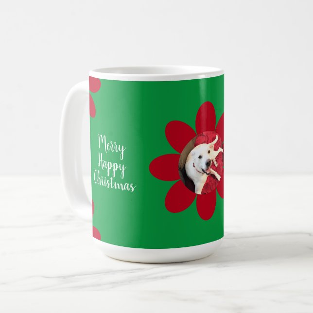 Merry Happy Christmas Cute Dog Red Flowers Green Coffee Mug (Front Left)