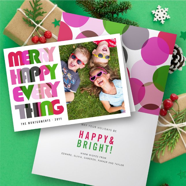 Merry Happy Everything Colourful Typography Photo Holiday Card (Creator Uploaded)