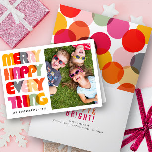 Merry Happy Everything Colourful Typography Photo Holiday Card