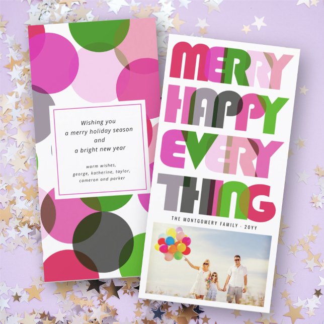 Merry Happy Everything Colourful Typography Photo Holiday Card (Creator Uploaded)